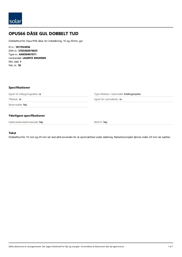 

OPUS66 DÅSE GUL DOBBELT TUD

